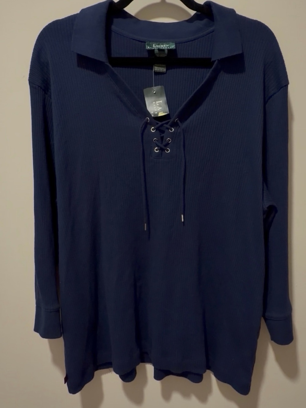 Ralph Lauren Navy Ribbed Lace-Up Long Sleeve Top 3XL